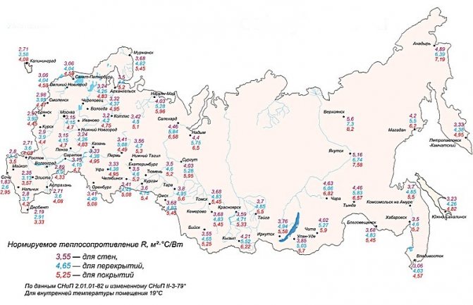 Eine schematische Karte zur Bestimmung der Werte des normalisierten Widerstands gegen Wärmeübertragung für Ihre Region auf dem Territorium Russlands.