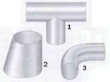 Фиг. 1 Някои видове фитинги, които са заварени в тръбопроводи. 1 Тройници 2 Редуктори 3 Лакти